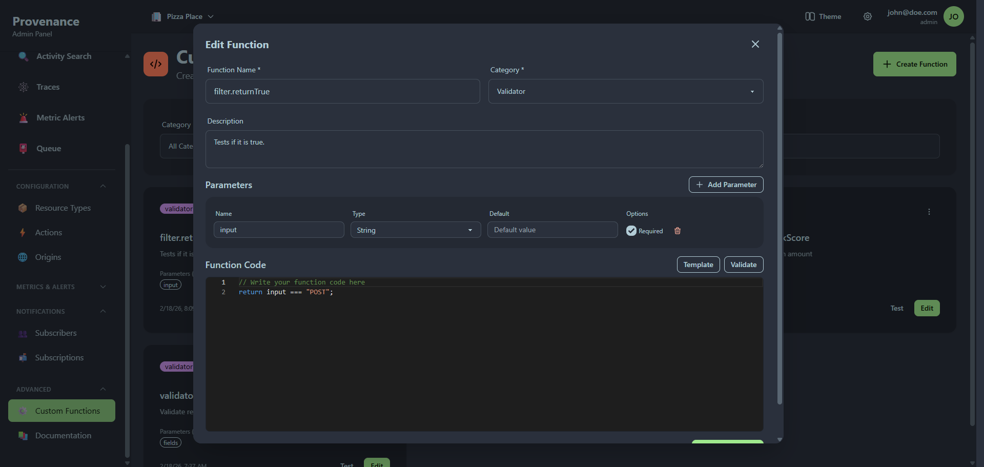 Custom function editor
