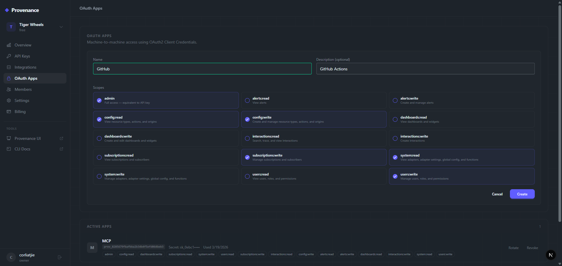 Create OAuth App dialog