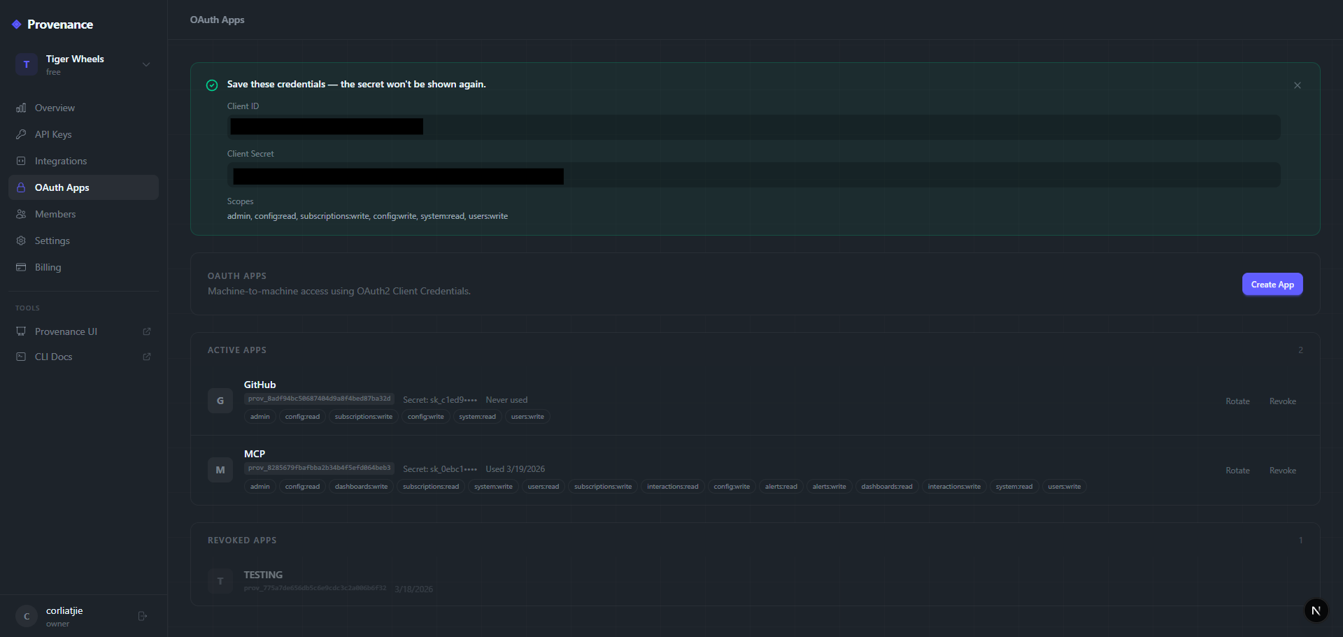 OAuth app created with credentials